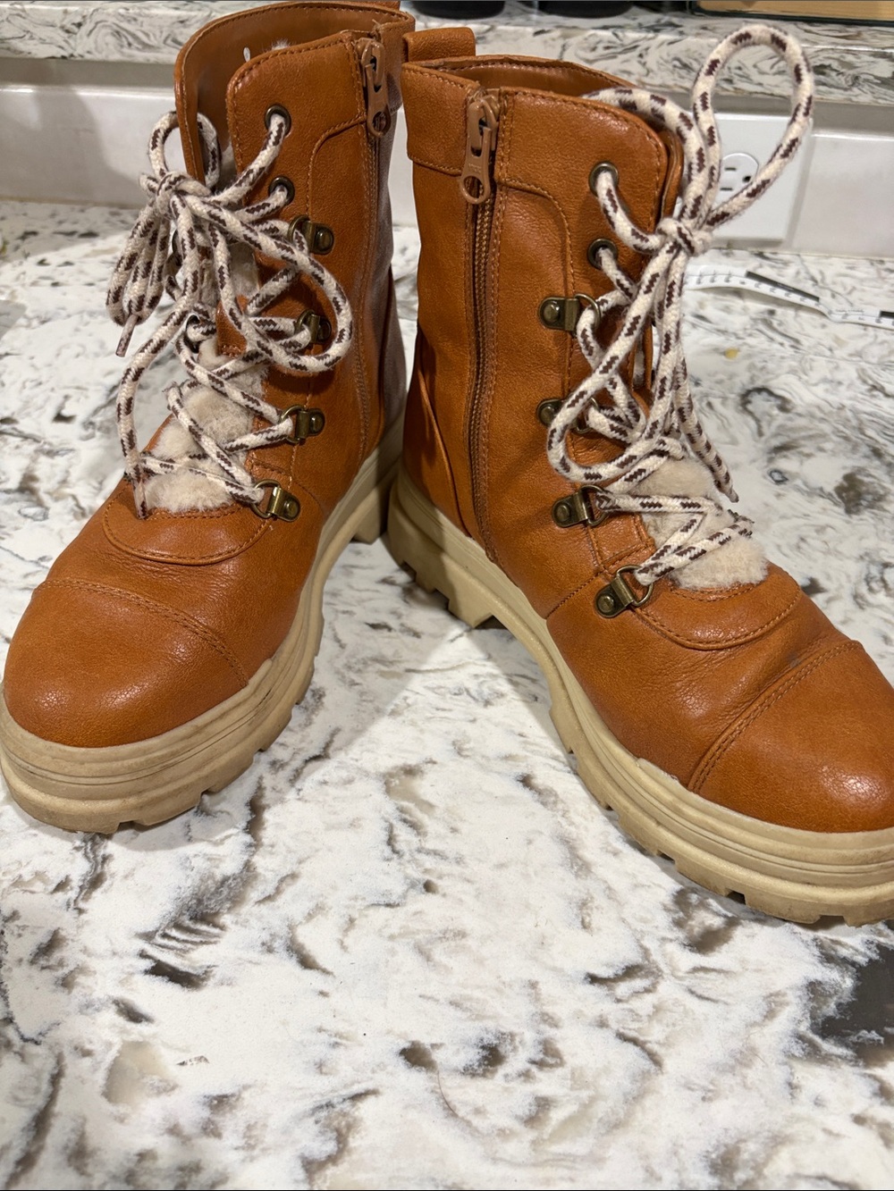 art class Tan Lace-Up Platform Boots with Cream Accents